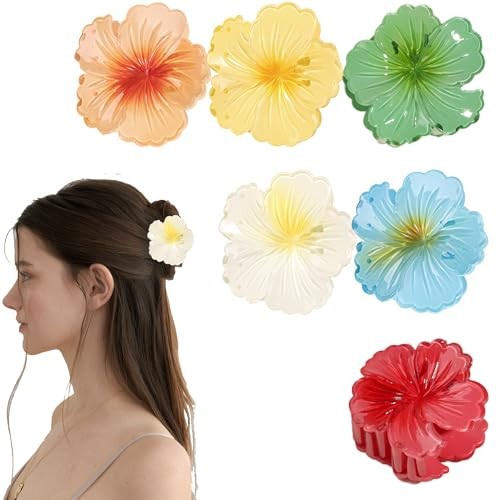 6PCS Hawaiian Flower Claw Clip, Red, white, blue, green, yellow, orange