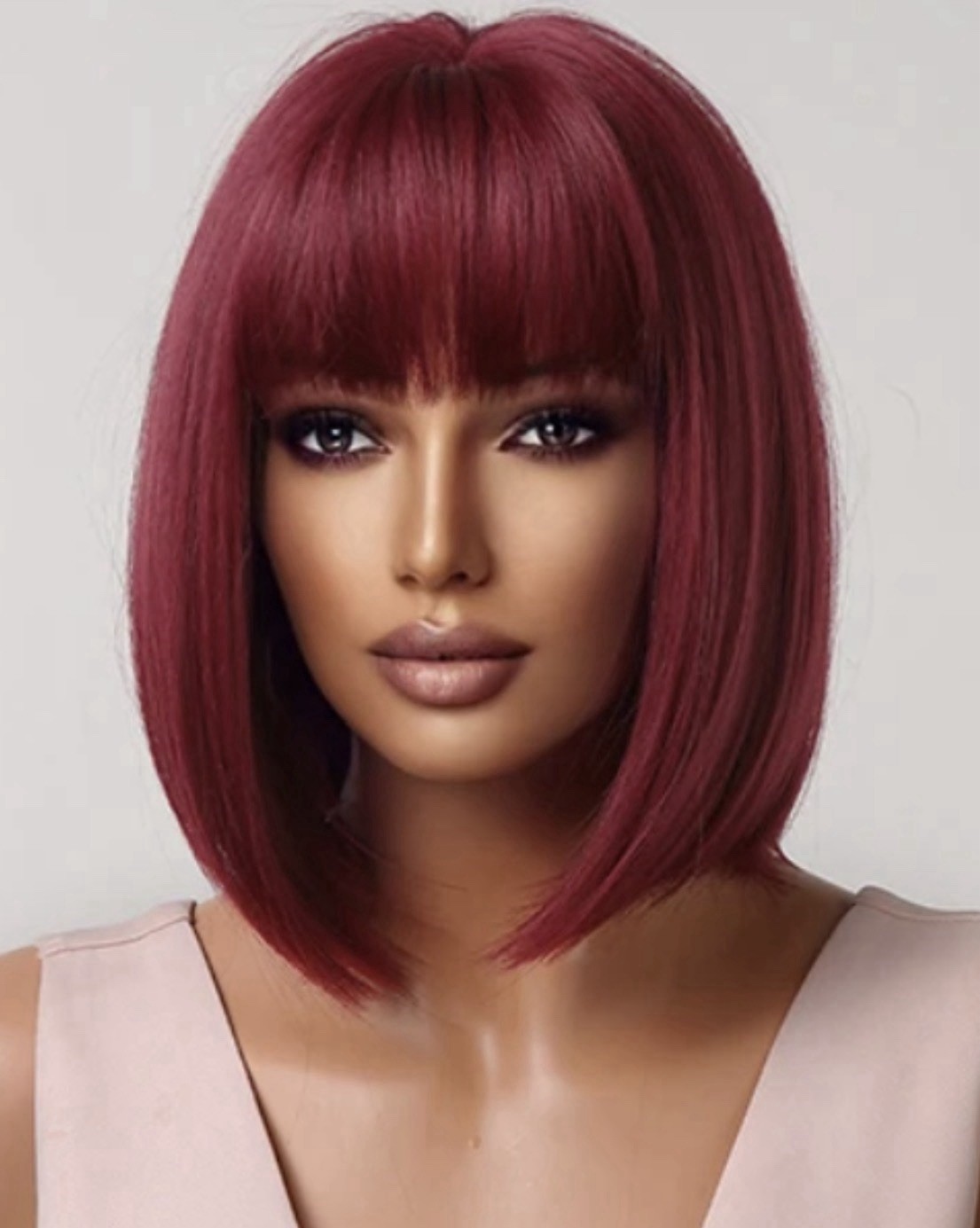 Straight Burgundy Red Bob Wigs For Women Short Maroon Bob Synth Hair Wig Bangs