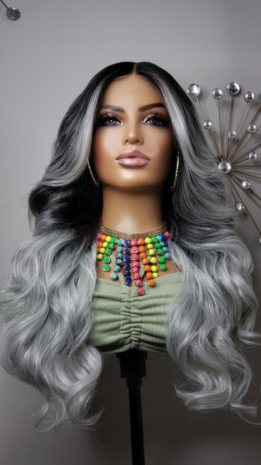 New Long Curly Money Piece Silver Gray Black Lace Front Wig Womens Wavy Style
