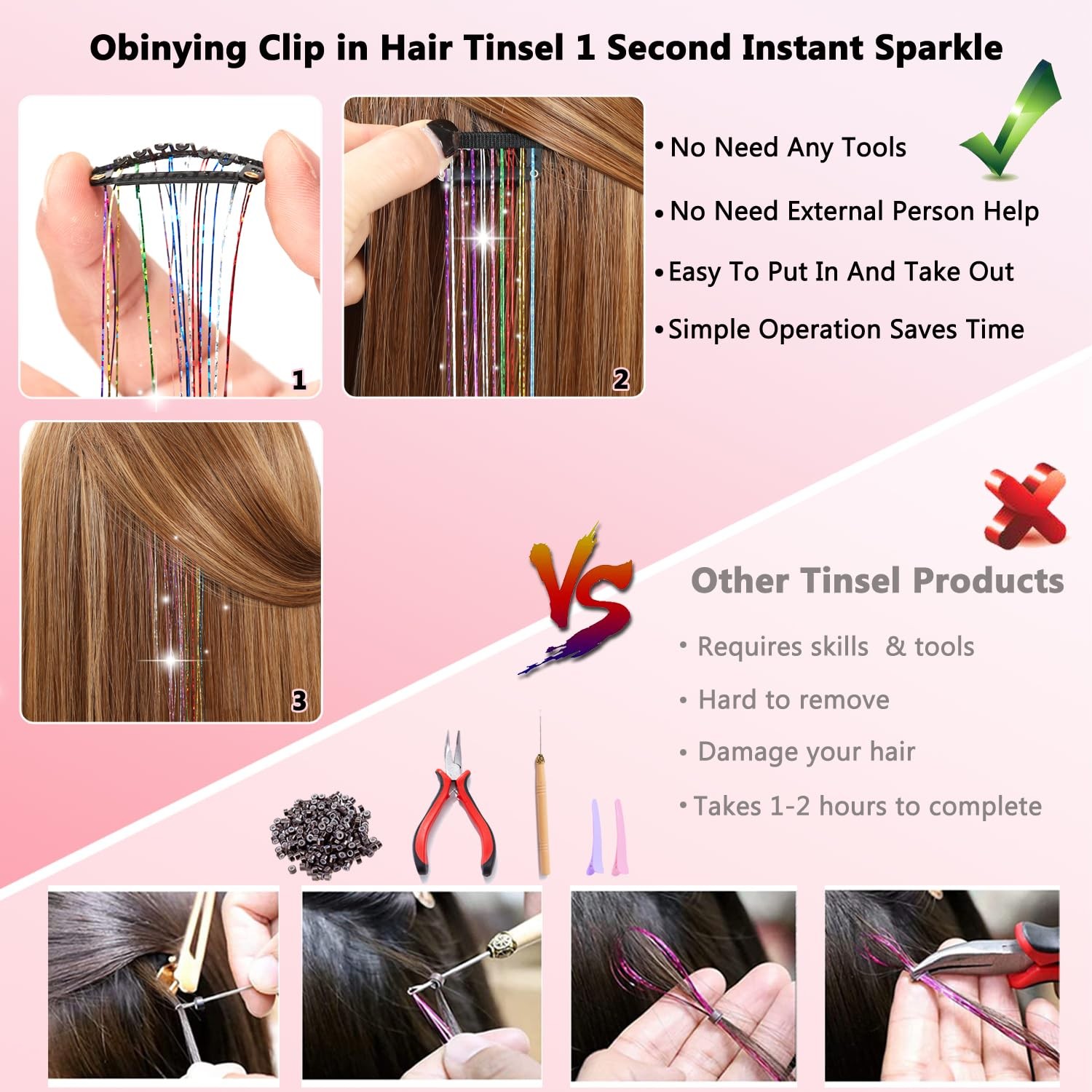 Obinying Hair Tinsel Pack of 18 Pcs Hair Tinsel Clip in 20.5 Inch Glitter Tin…