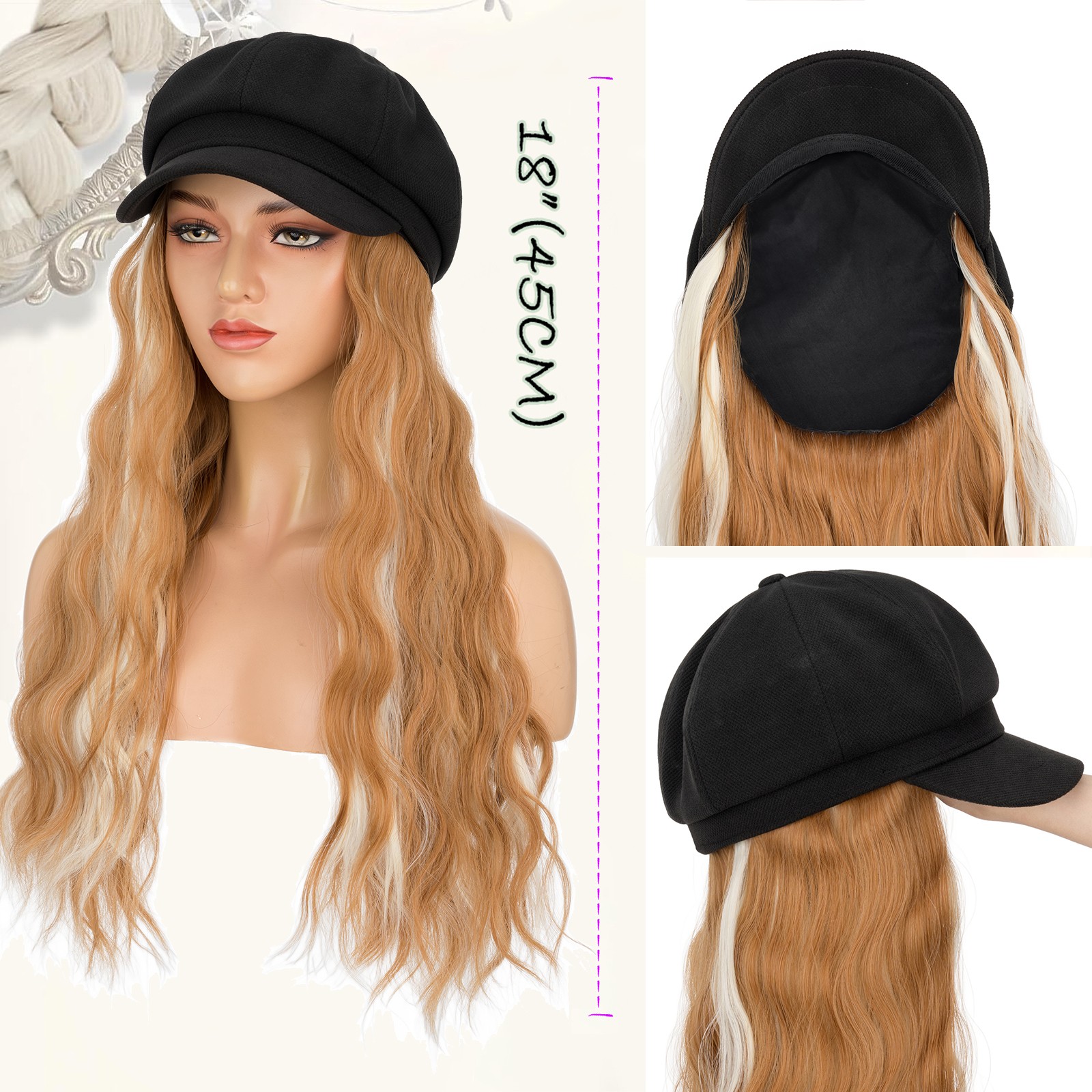 Women Beret Newsboy Hat Cap with 18″ Wavy Synthetic Hair Extensions Hairpiece US