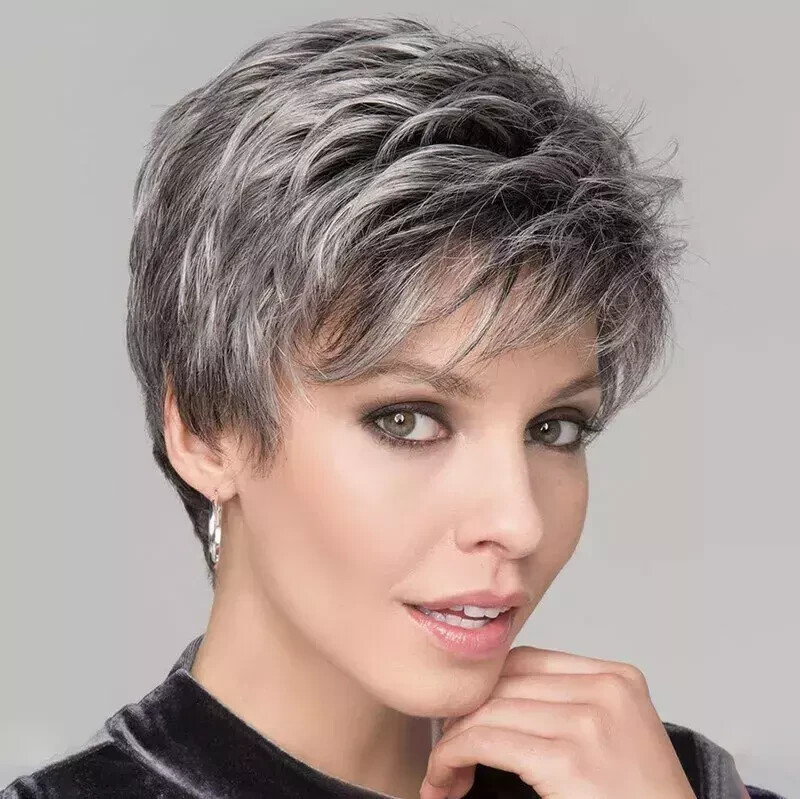 Short Pixie Cut Wigs with Bangs for Women Black with Gray Mix Synthetic Hair Wig