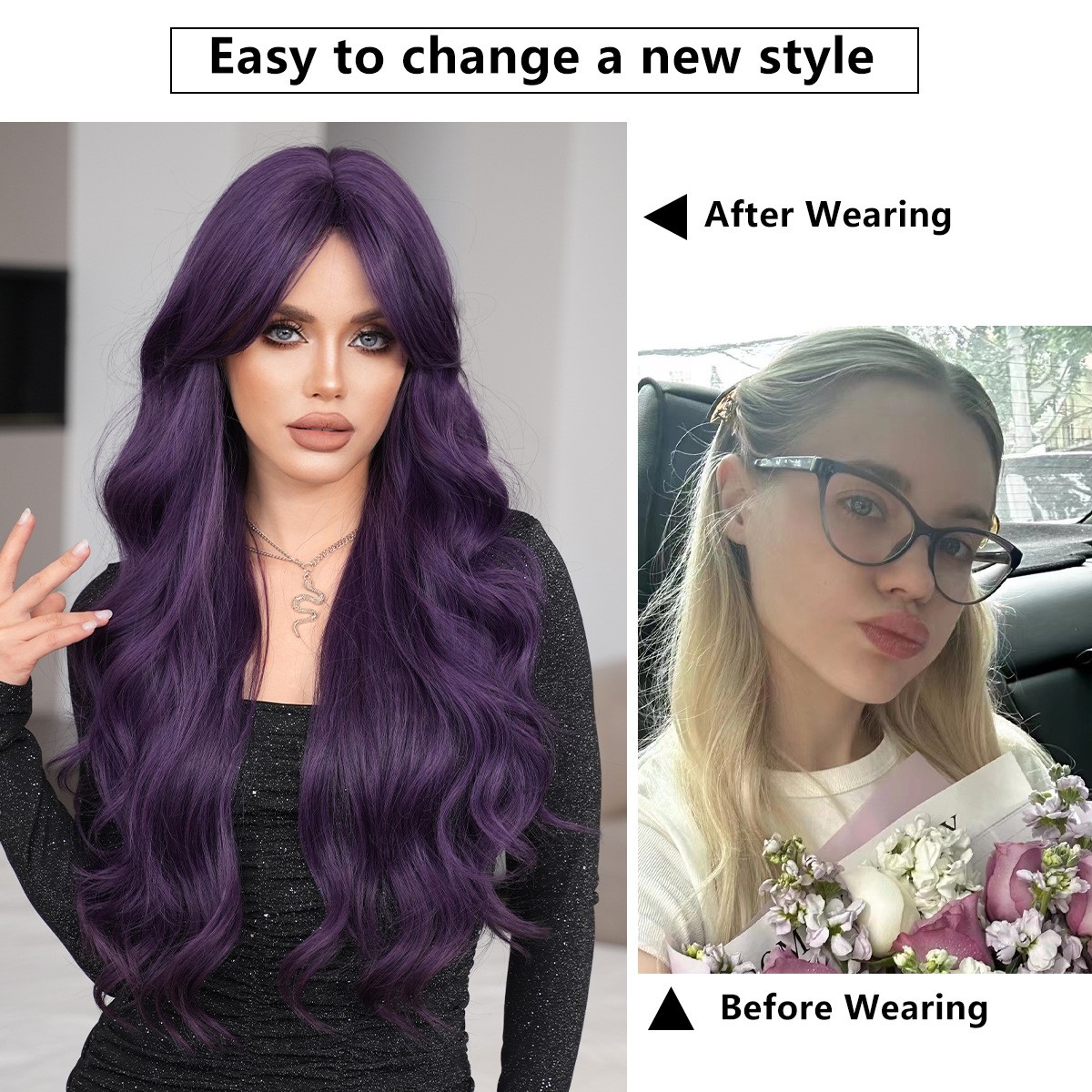 Dark Purple Long Wavy Wig Heat-Resistant Lolita Synthetic Hair Wigs for Women