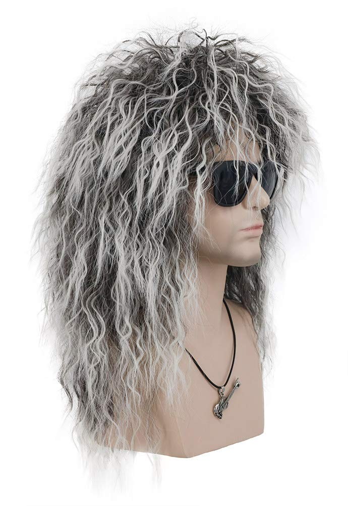 Adult Men Women Long Curly Gray Gradient White Wig 70s 80s Rocker Mullet Hall…