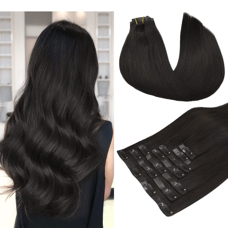 Hair Extensions Clip In Human Hair Natural Black 14 Inch 7Pcs 110G Maxita Clip