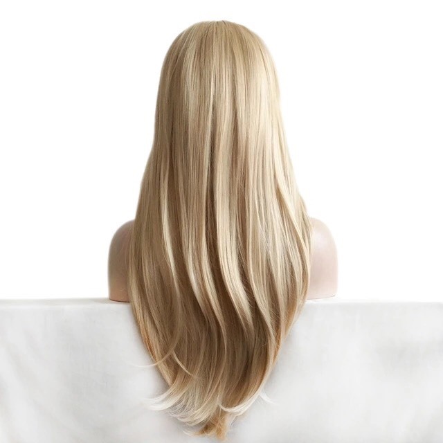 Custom Natural Light Blonde Full Straight Bangs Highlights Layer Wavy Womens Wig