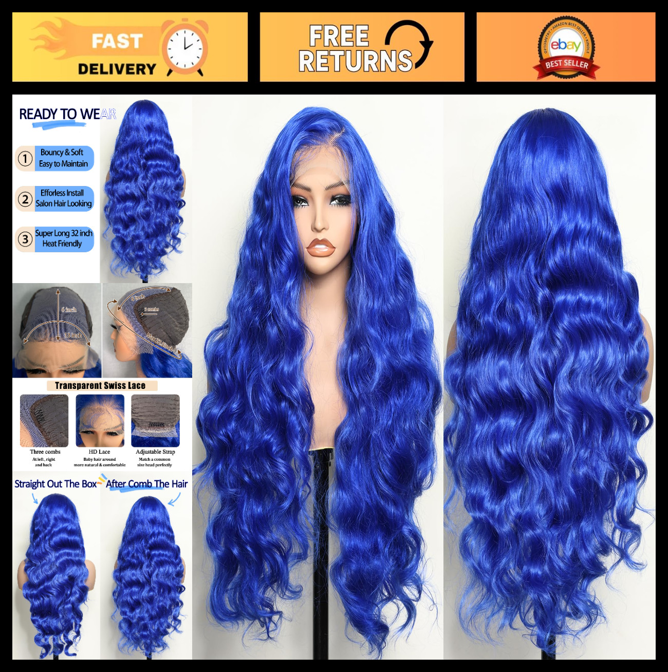 32″ Blue Body Wave Lace Frontal Wig – Synthetic, Pre-Plucked, Heat Friendly, Bab