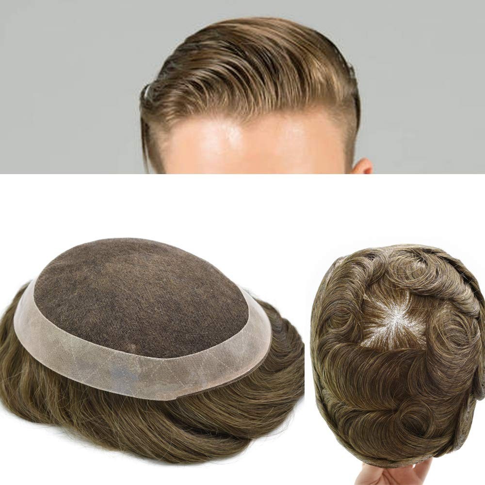 Mens Toupee FULL FRENCH LACE Hairpiece Skin PU Around Hair Replacement Wigs