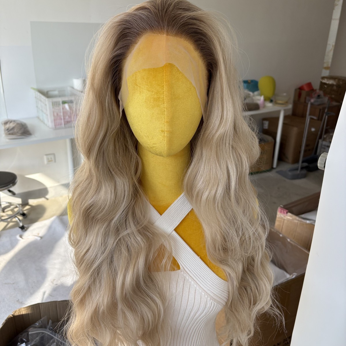 Soft Ombre Blonde Long Wavy Synthetic Hair Heat Resistant Frontal Lace Wig