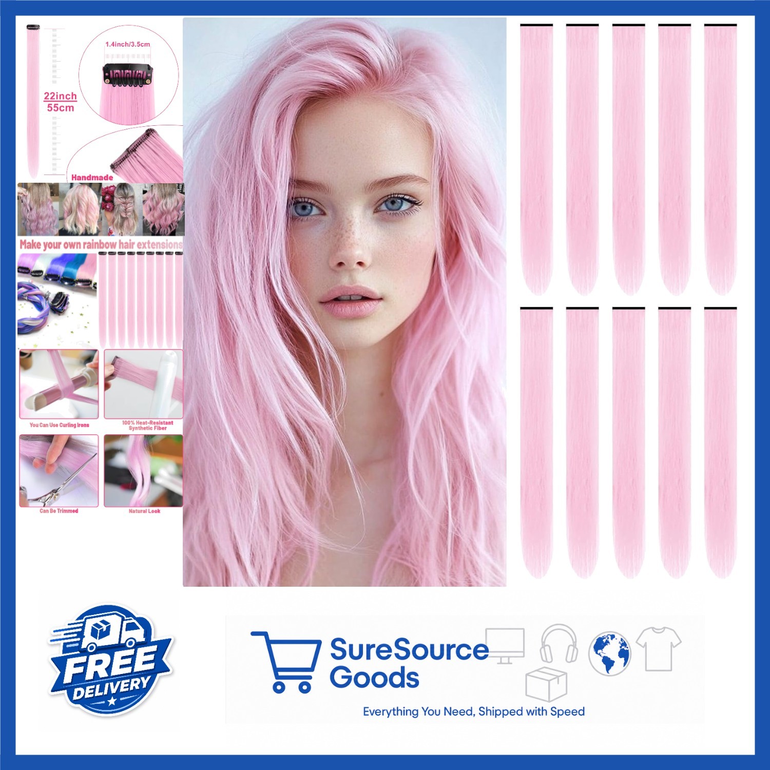 10 PCS Light Pink Clip-in Hair Extensions 22 Inch Long Straight Synthetic Hair
