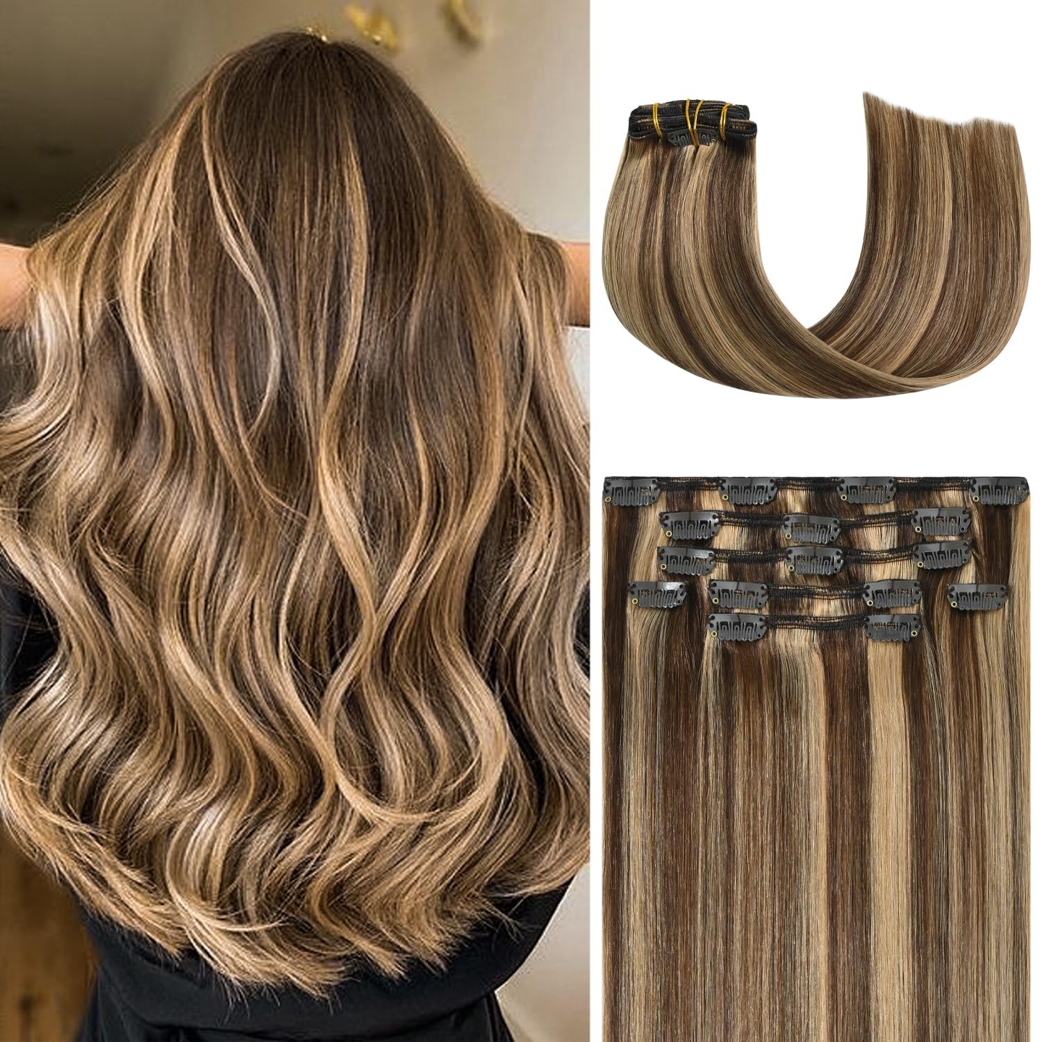 Chocolate Brown To Caramel Blonde Clip In Hair Extensions Real Human Hair 18i…