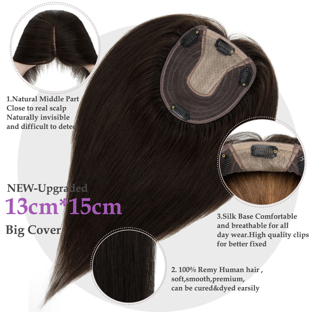 Women Topper REAL Human Hair Top Toupee Piece Clip in REMY MONO SILK Hairpieces