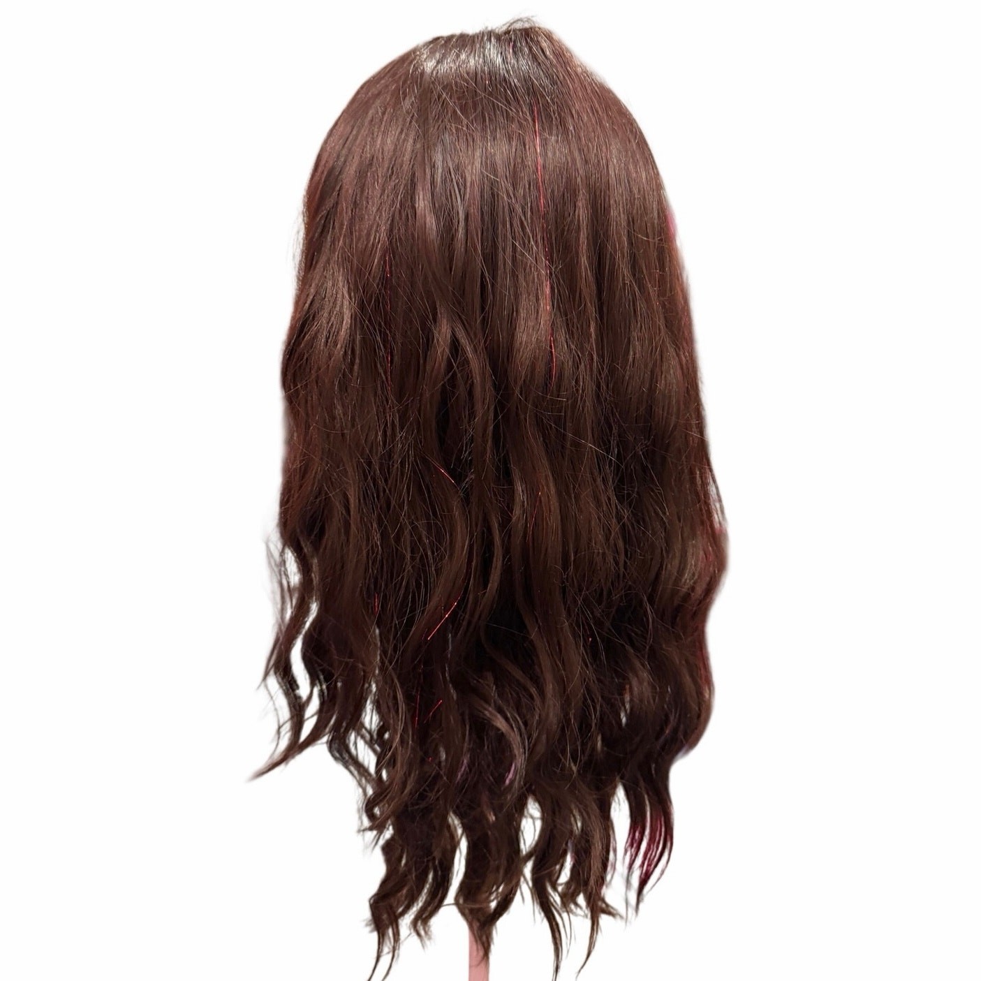 Medium Brown Wavy Wig with Red Tinsel Highlights – Heat Friendly Synthetic Wig