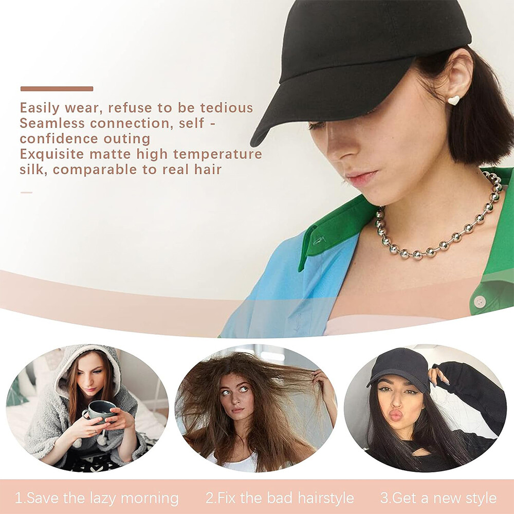 Baseball Hat Cap with Fake Hair Soft Long Wavy Hair Wigs Caps for Women 6″-18″