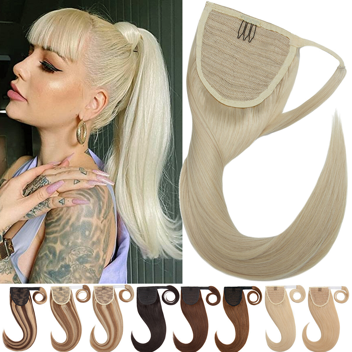100% Remy Human Hair Ponytail Clip In Real Hair Extensions Wrap Around Pony Tail