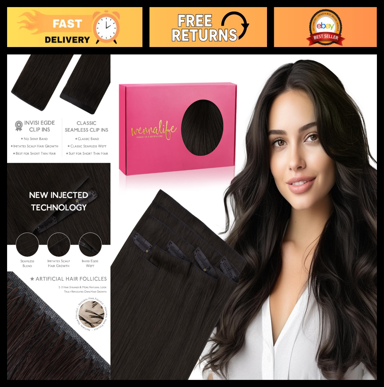 20″ 150g Dark Brown Clip-In Hair Extensions, Real Human Hair, Seamless PU Weft,