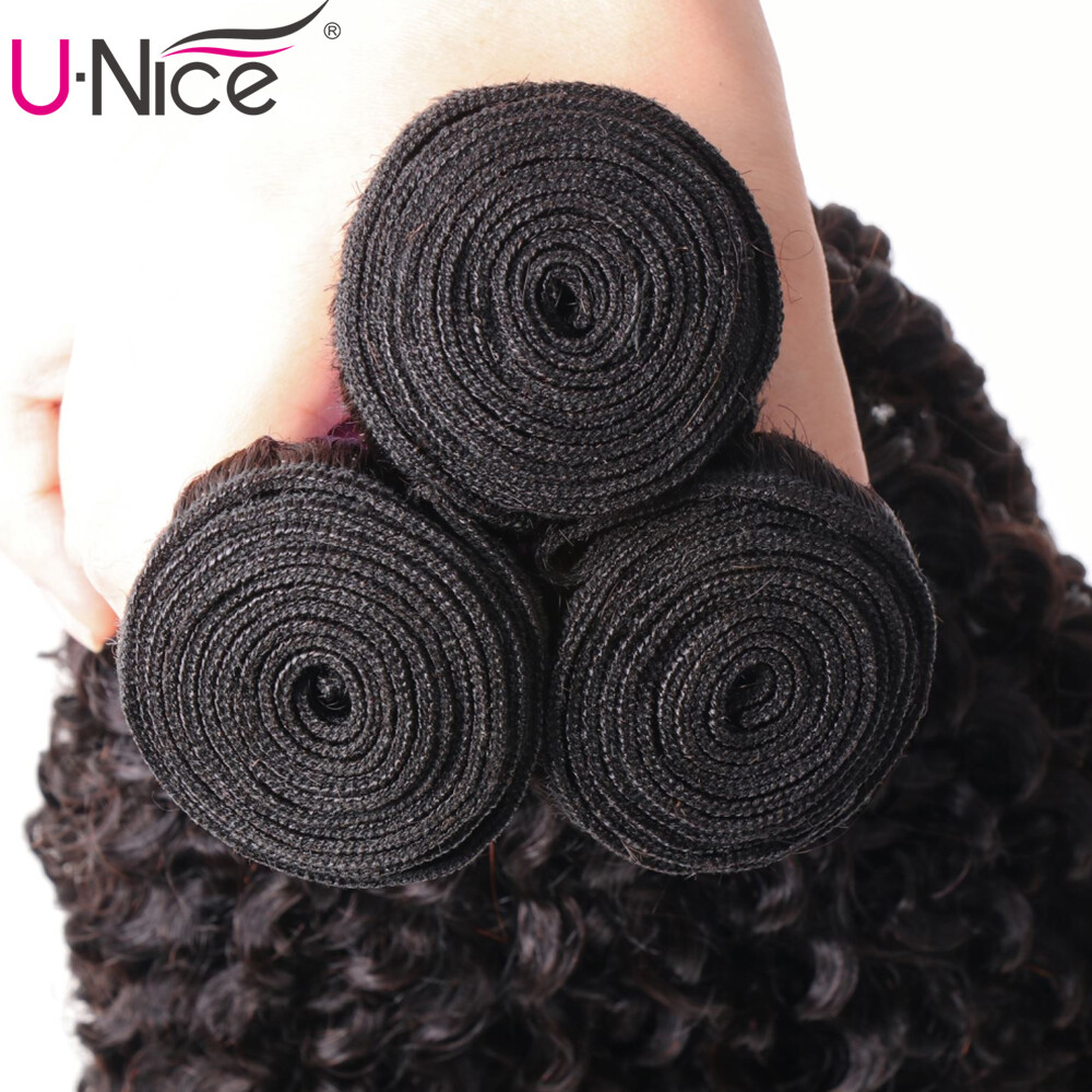 UNice Cambodian Kinky Curly Human Hair Extension Bundles with Lace Closure Weave