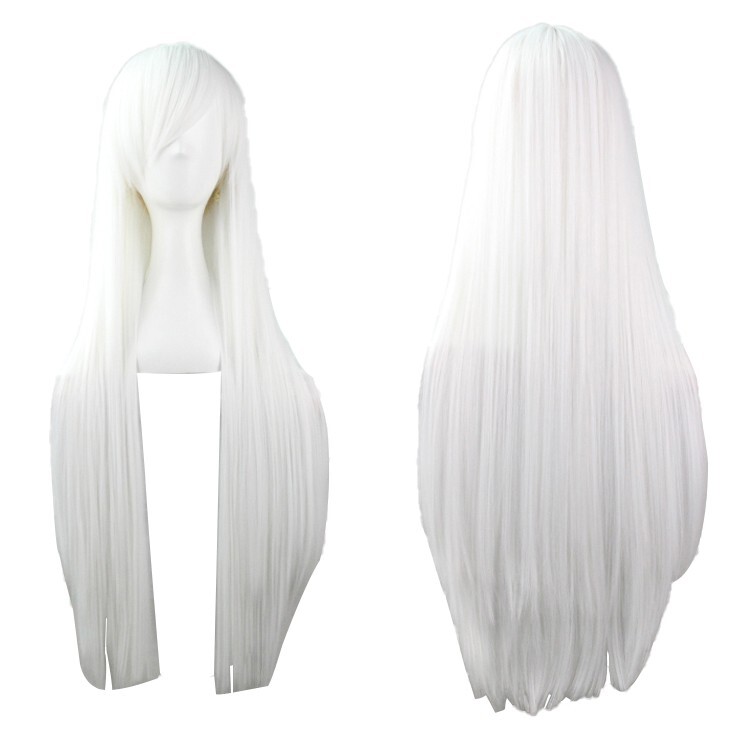 White 80cm Long Straight Sleek Wig Hair Side Bangs 100% Density for Cosplay