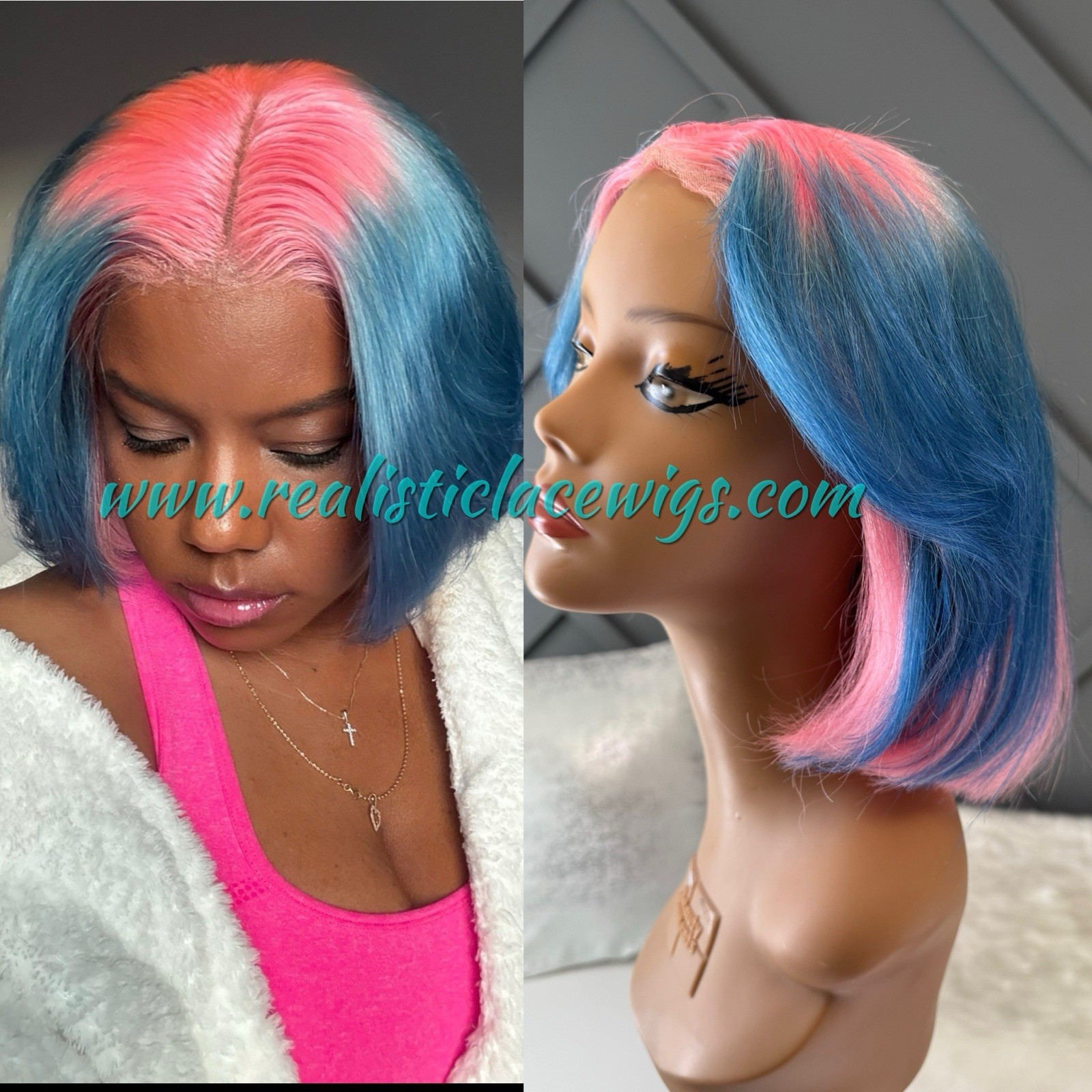 Custom Color Lace Front Wig Human Hair | Bob Cut Wig | Pink & Blue | Baby Shower
