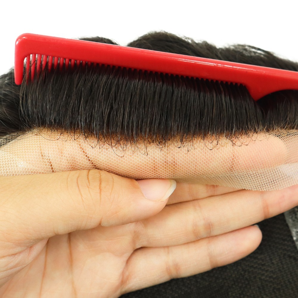 Toupee for Men Human Hair System French Lace Front Black Hair Pieces 7X9 #1B