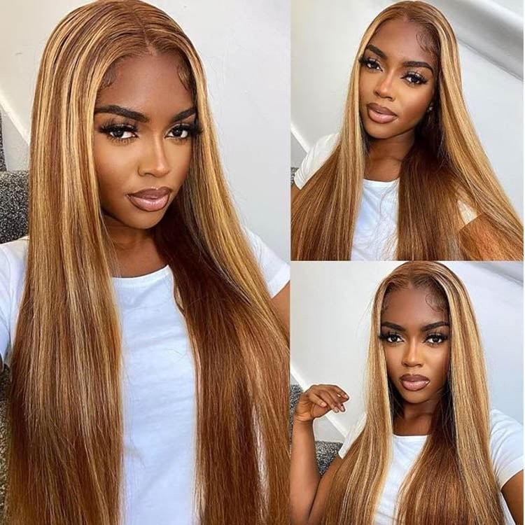 16 Inch P4 27 Highlight Silky Straight Human Hair Wig 250 Density 13×4 HD…