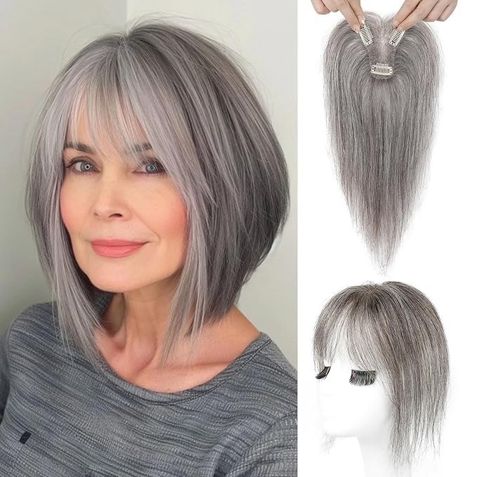 REECHO Real Human Hair Topper with Bangs Natural Black 3D Seamless Clip In 360