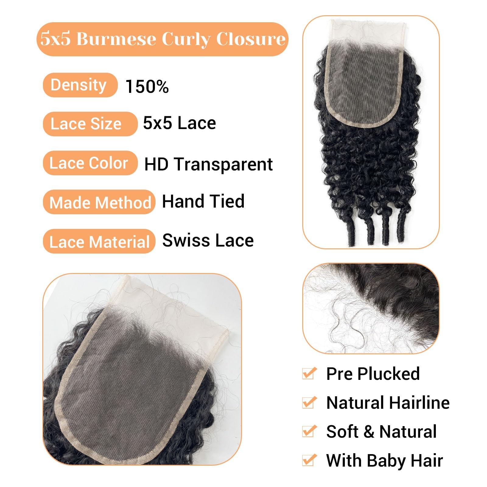 Mootaful Hd Closure 5X5 Burmese Curly 22 Inch 5X5 Transparent Lace Closure 12A
