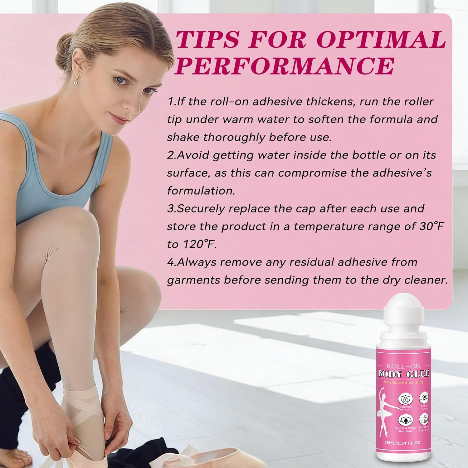Body Glue for Clothes & Skin 2.54 Oz, Roll-On Body Adhesive, Sweat Resistant, Sk