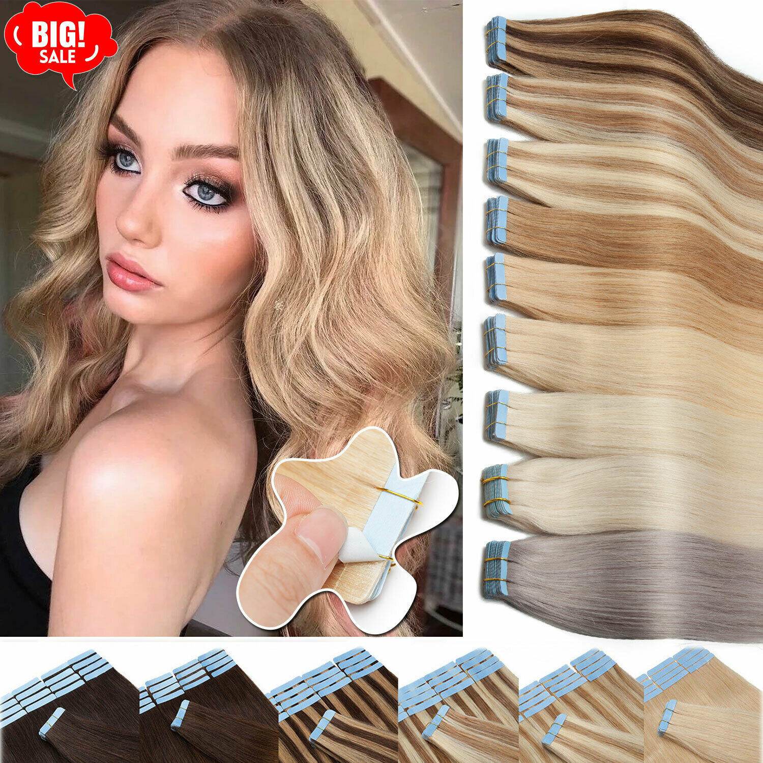 Tape in Real Human Hair Extensions Skin Weft Remy Hair Highlight Ombre 16-26inch