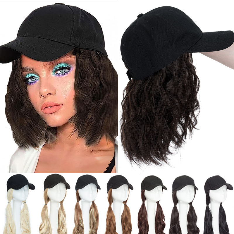 Women Baseball Hat with Synthetic Hair Straight Wavy Bob Wig Baseball Cap Wigs
