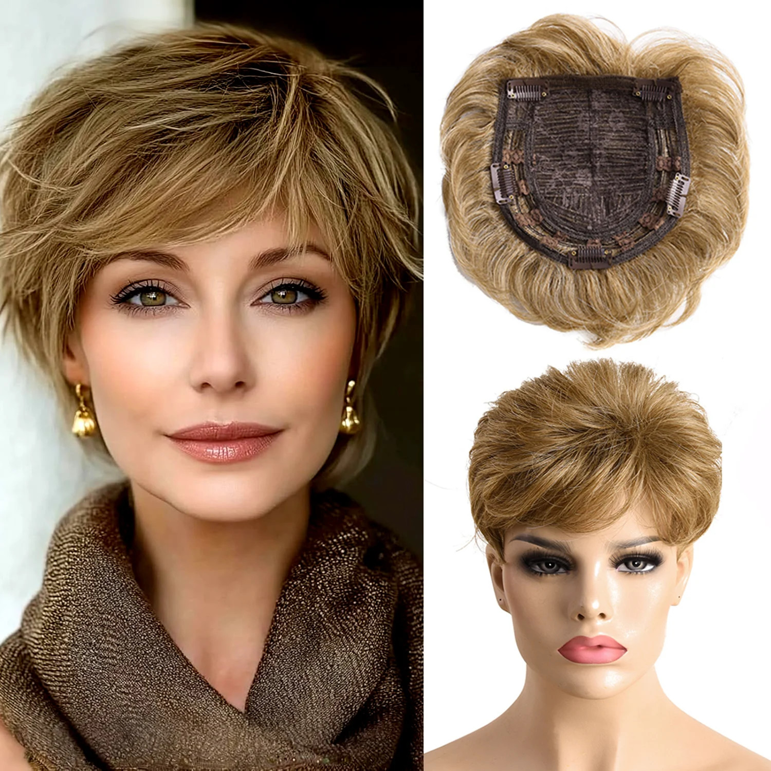 6 Inch Natural Curly Short Pixie Synthetic Hair Topper for Thinning Hair Pieces