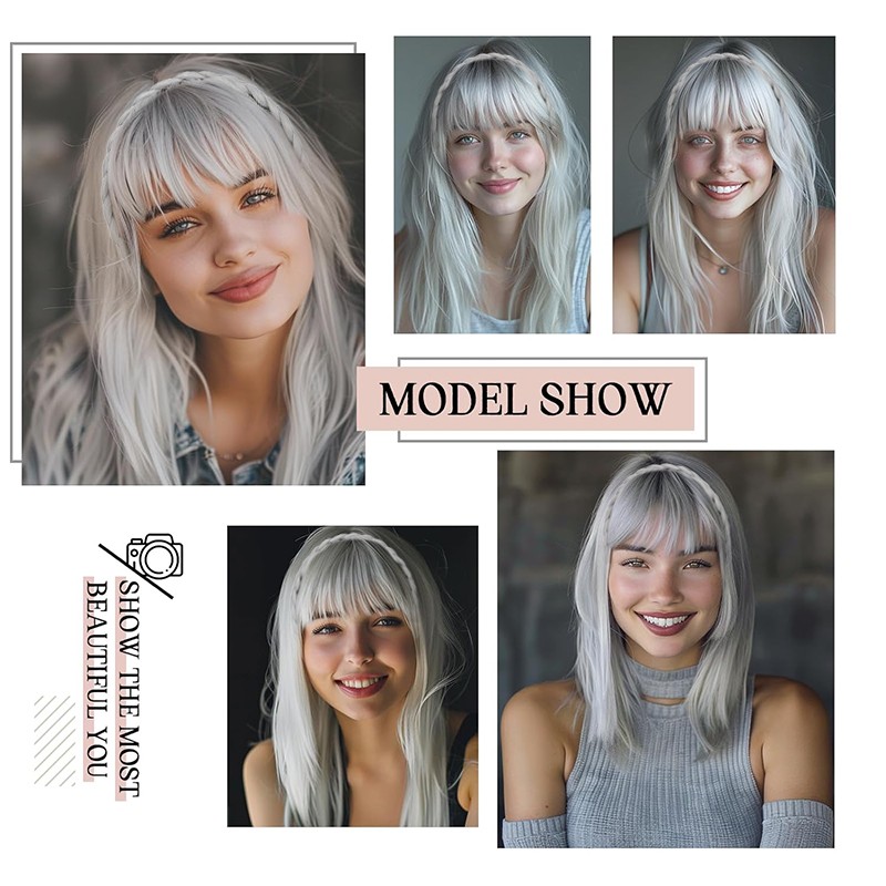 Headband Wig with Front Bangs + Topper Hair Headband Braid Wig for Women Girls