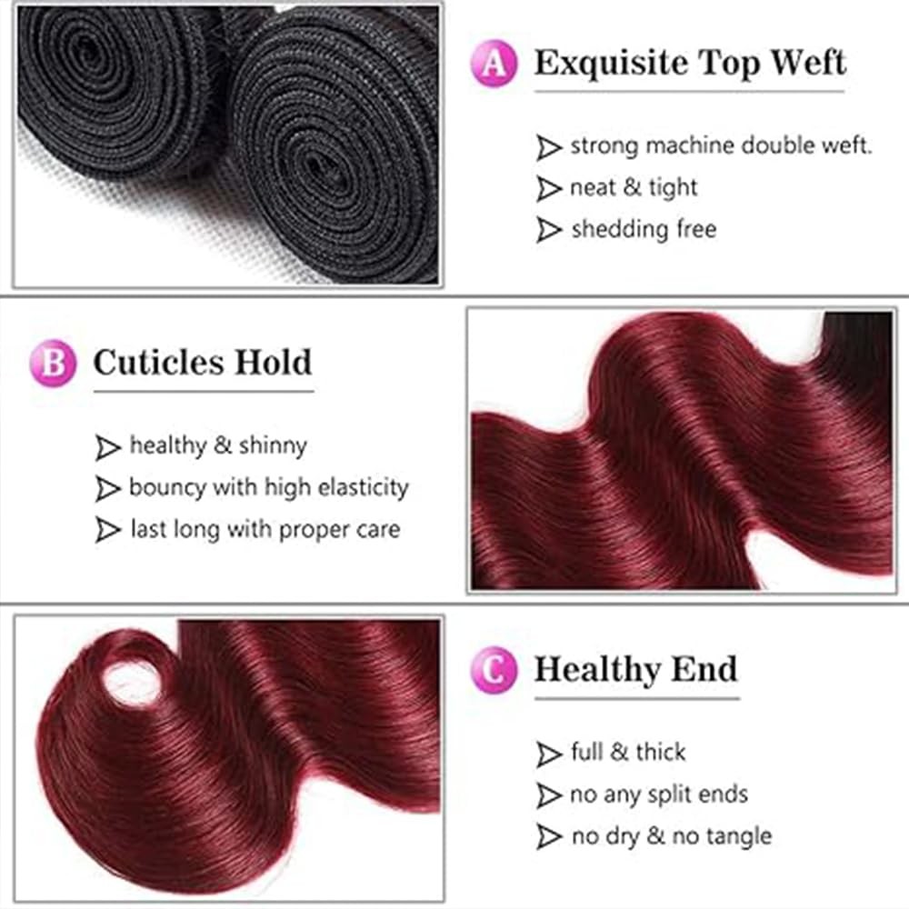 Incapcorp Billtiiww 1B99J Body Wave Bundles Black To Burgundy 10 12 14 Inch