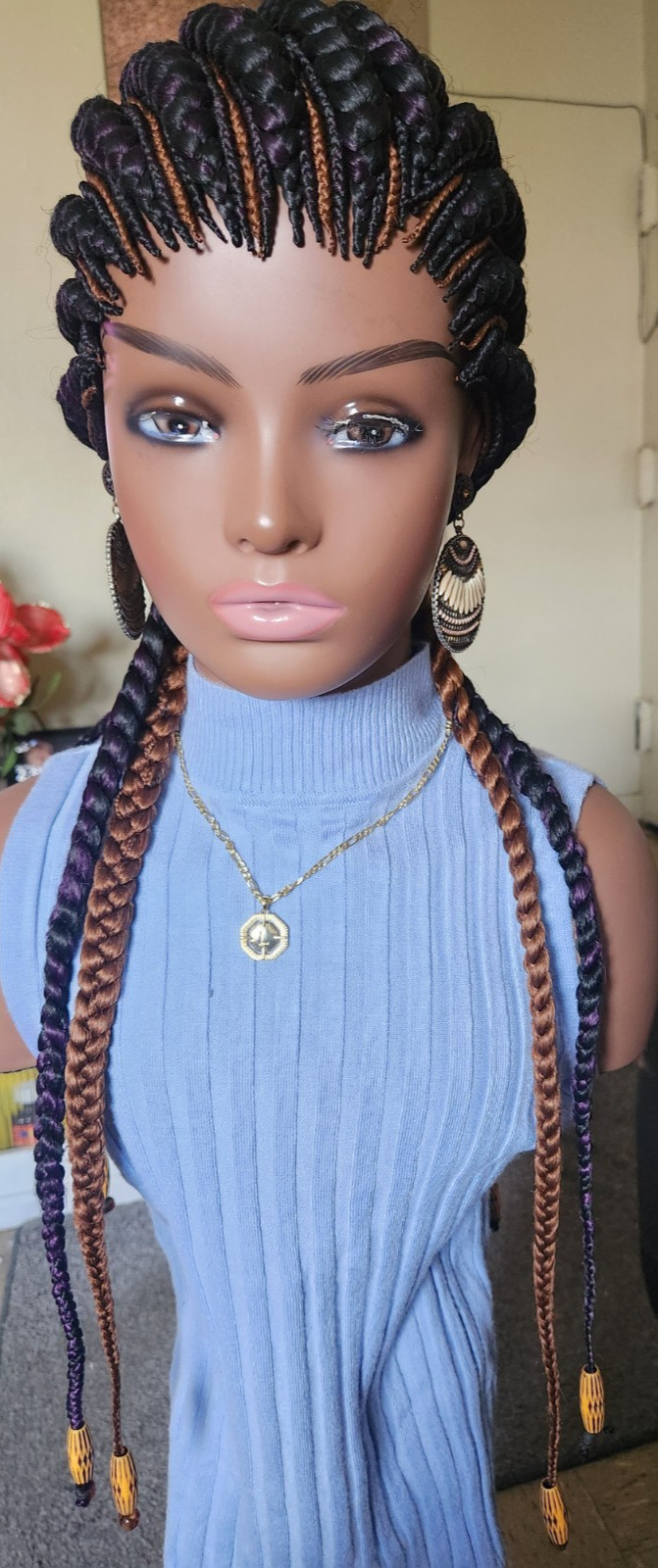 handmade Ghana banana cornrows wig All back down 1B mix dark purple/Dark brown