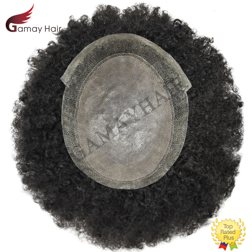 Afro Curly Mens Toupee Breathable Poly Skin Pu Black Hair Replacement System Wig