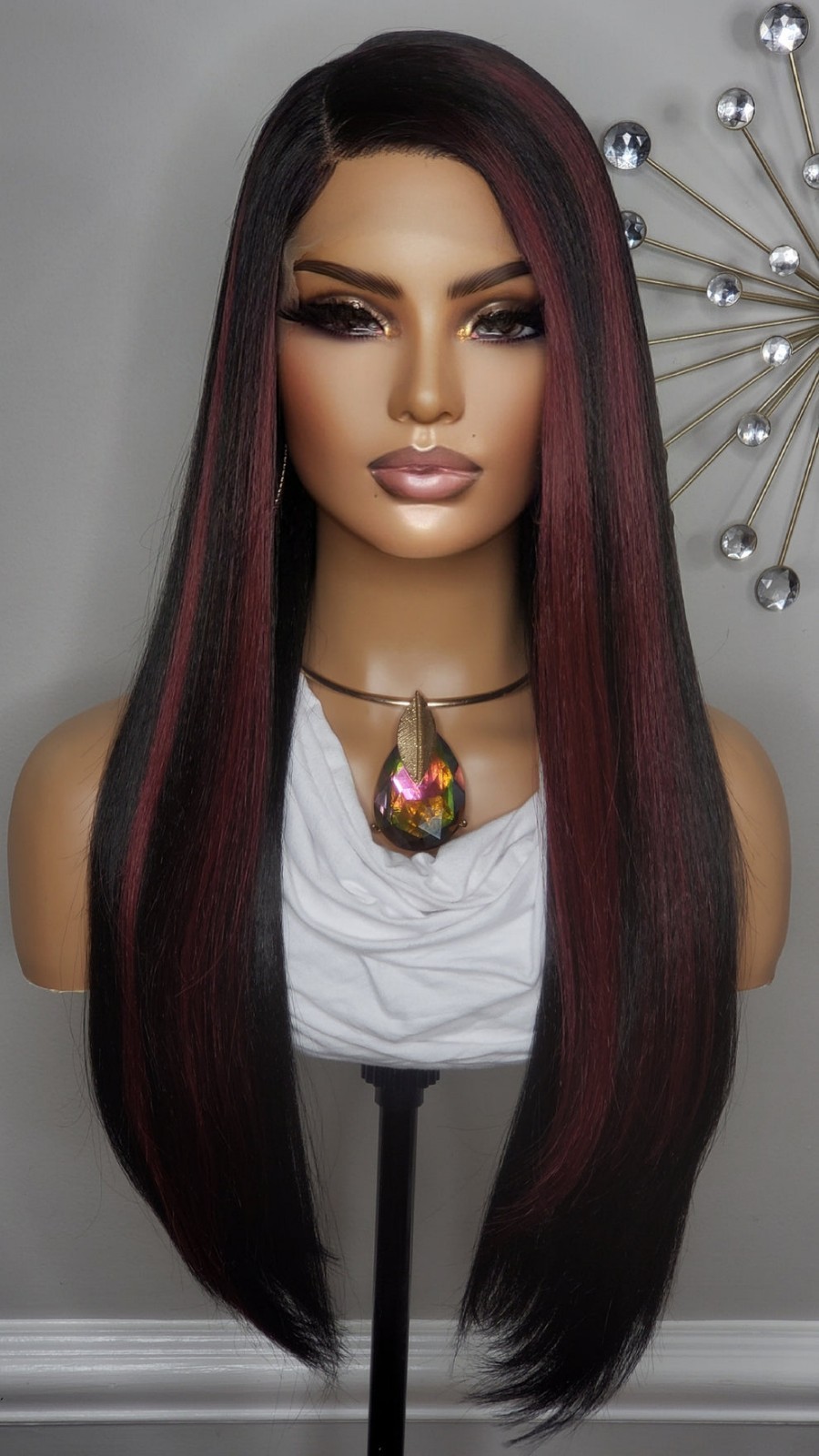 New Long Straight Style Burgundy Red Black Highlights Lace Front Wig Womens Hair