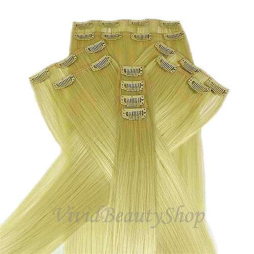 10pc Light Blonde Full Head Heat Resistant Synthetic Clip In Hair Extensions 22″