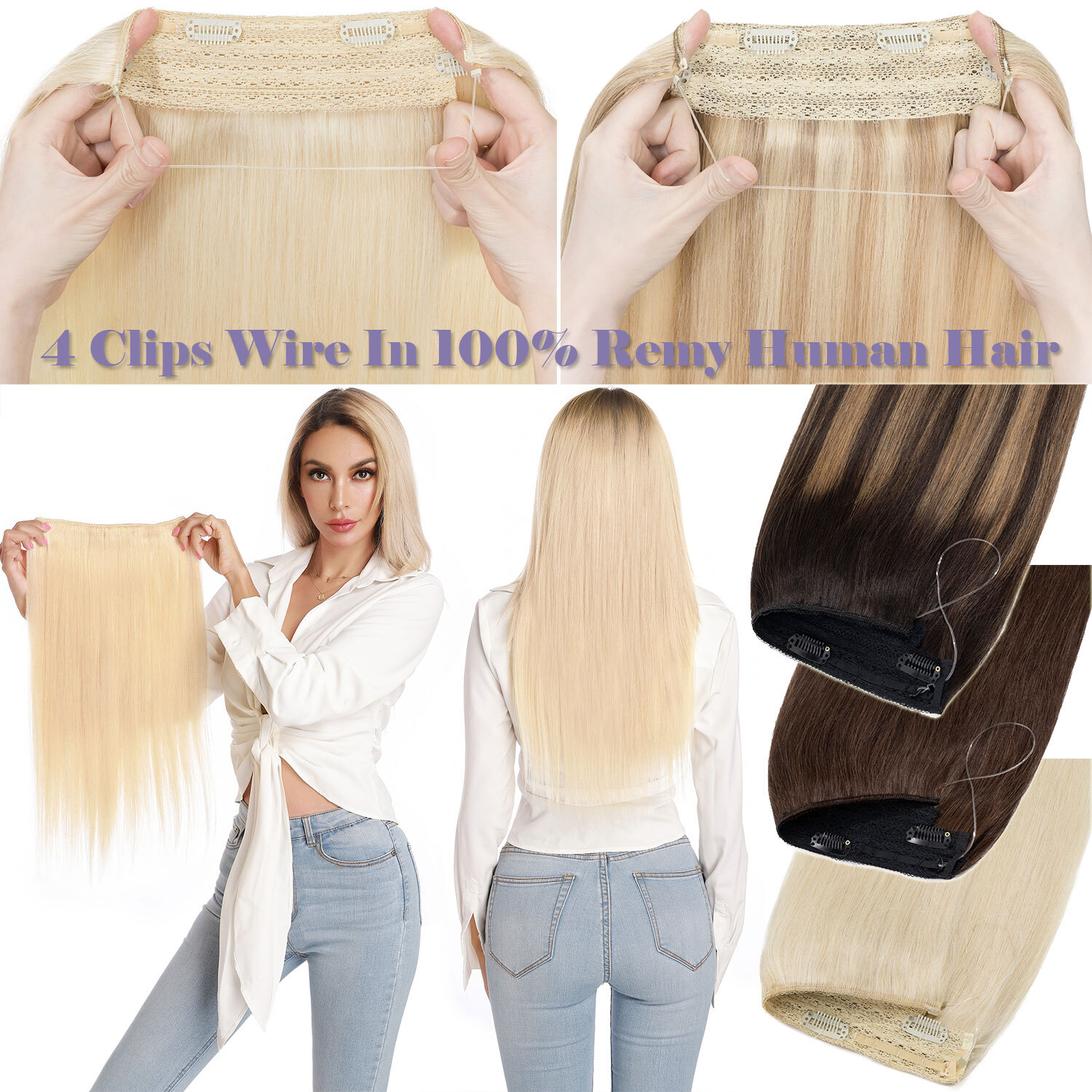Hidden Secret Wire in Weft THICK Human Hair Extensions Headban One Piece No Clip