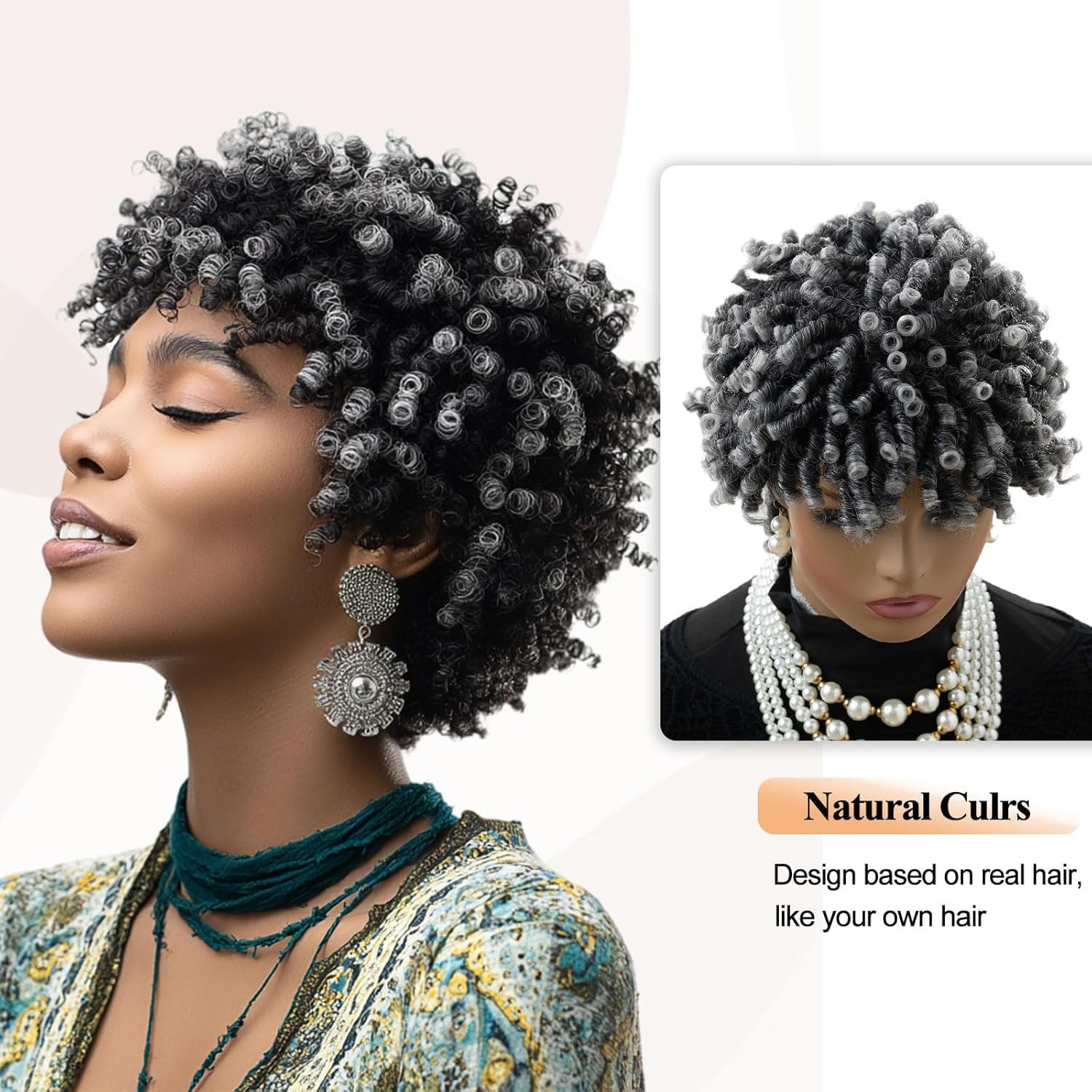 MIMAN Tight Curl Short Black Grey Afro Wig curly kink twist woman synthetic 10″