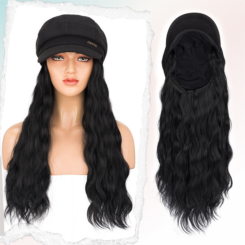 Cap With Hair Extensions Long Baseball Hat Curly/Wavy Hairpiece Natural as Human