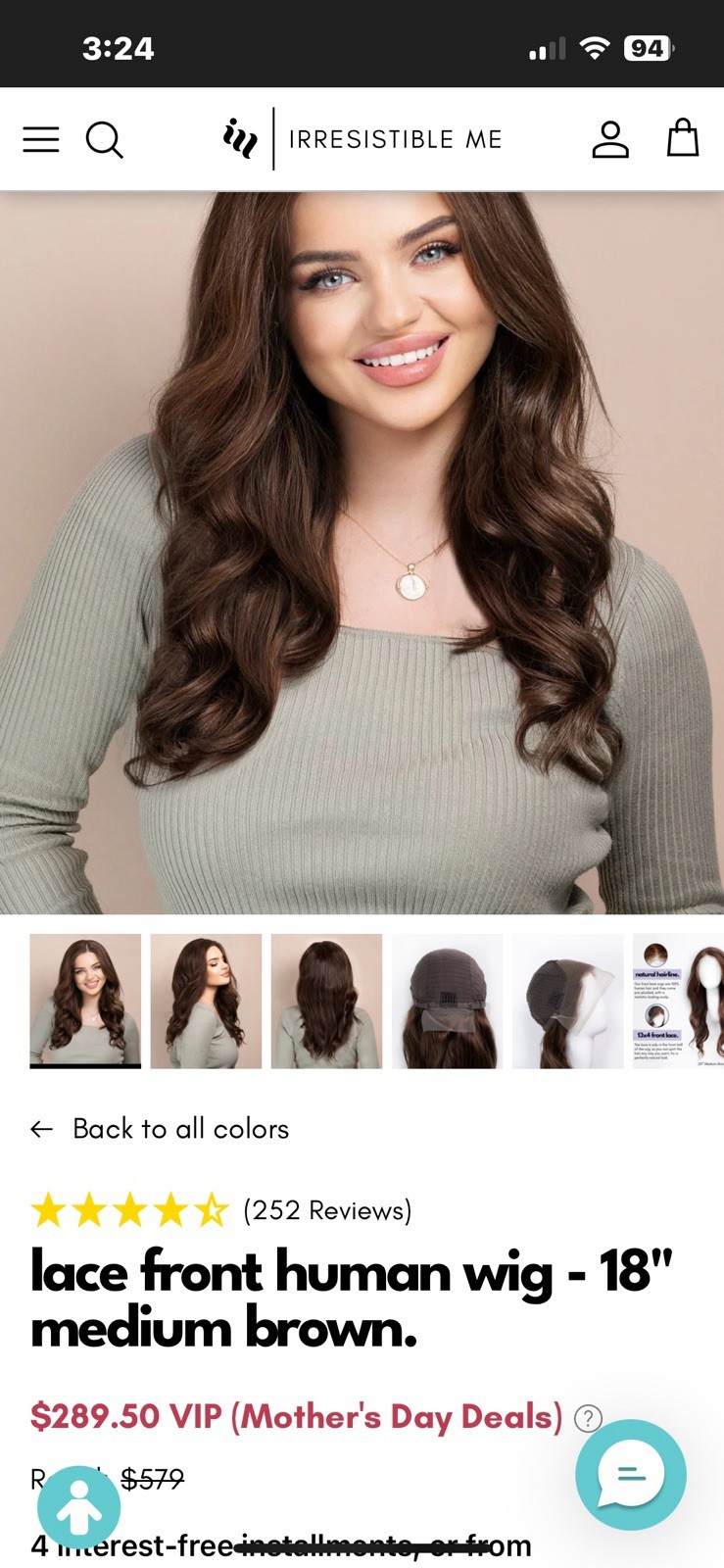 New In Net And Bag, 18” Human Hair Fullwig With Lace Front Med, Brown W/hilights