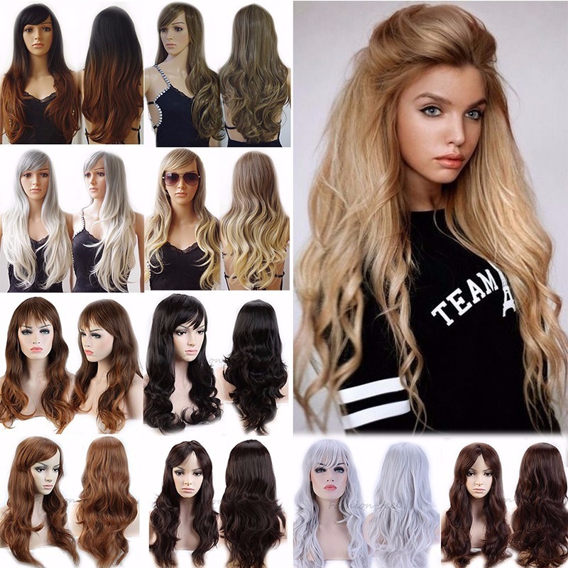 Real Deluxe Curly Wavy Long Hair Full Wig Ombre Blonde Brown Cosplay Party Wig s