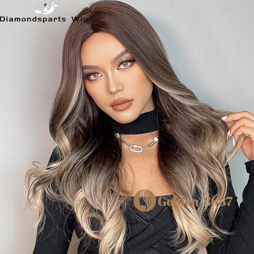 Fanshion Long Wavy Ombre Brown Light Blonde Synthetic Wigs for Women Hair Wig US