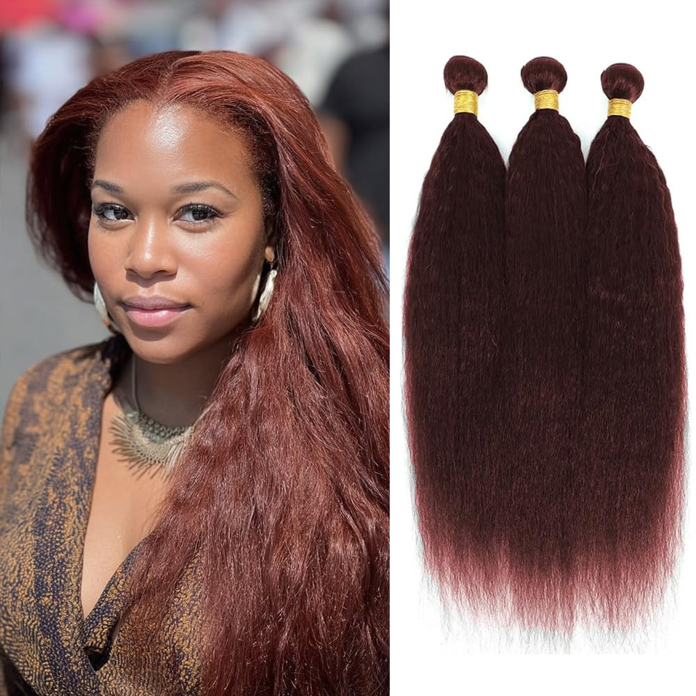 Color 33 Auburn Yaki Straight Bundles Human Hair Reddish Brown Kinky Straight