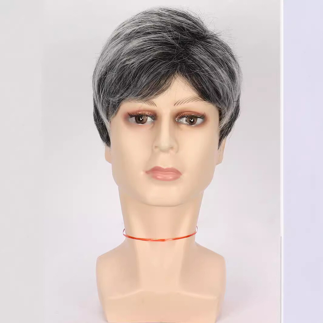 Pixie Black Grey Mixed Wigs For Men Short Gray No Lace Glueless Synthetic WigS