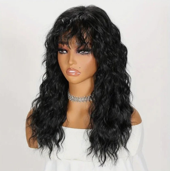 Curly Wig with Bangs for Women Long water wave Wigs with Bangs Gray Black Blonde