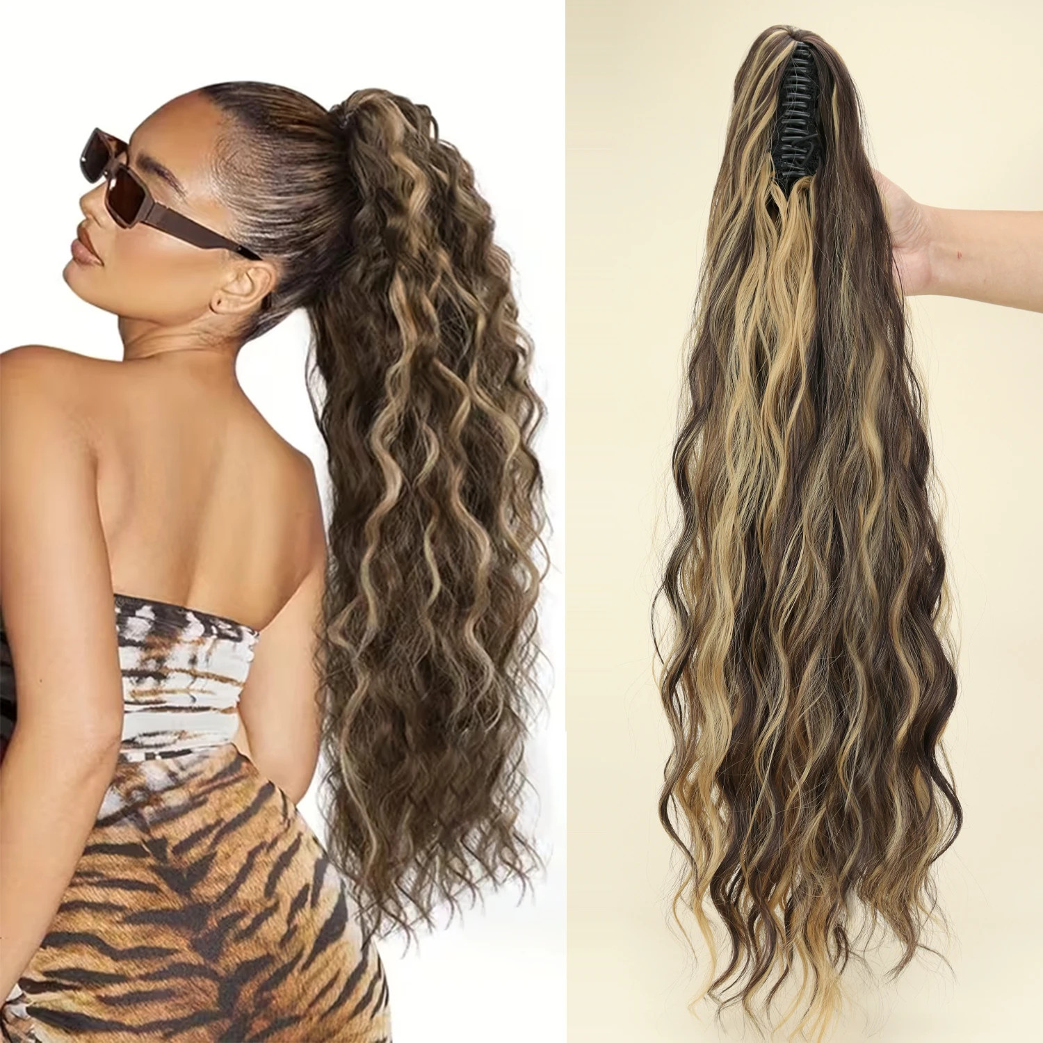 Heat Resistant Fiber Fluffy Messy Water Wave Claw Clip Ponytail Hair Extensions