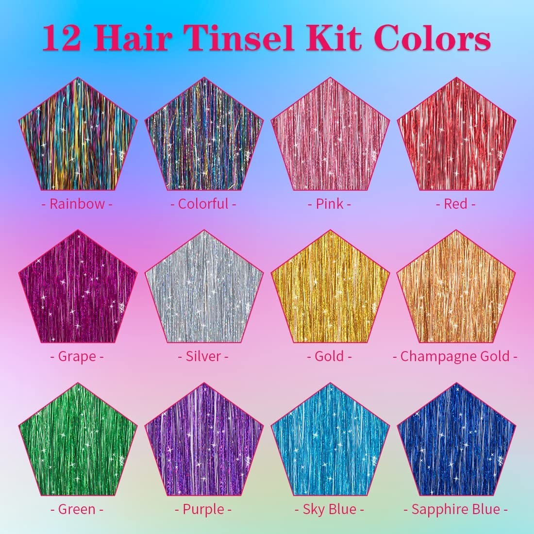 Glamorous 12-Color Hair Tinsel Kit – 47-Inch Sparkling Strands for Elegance