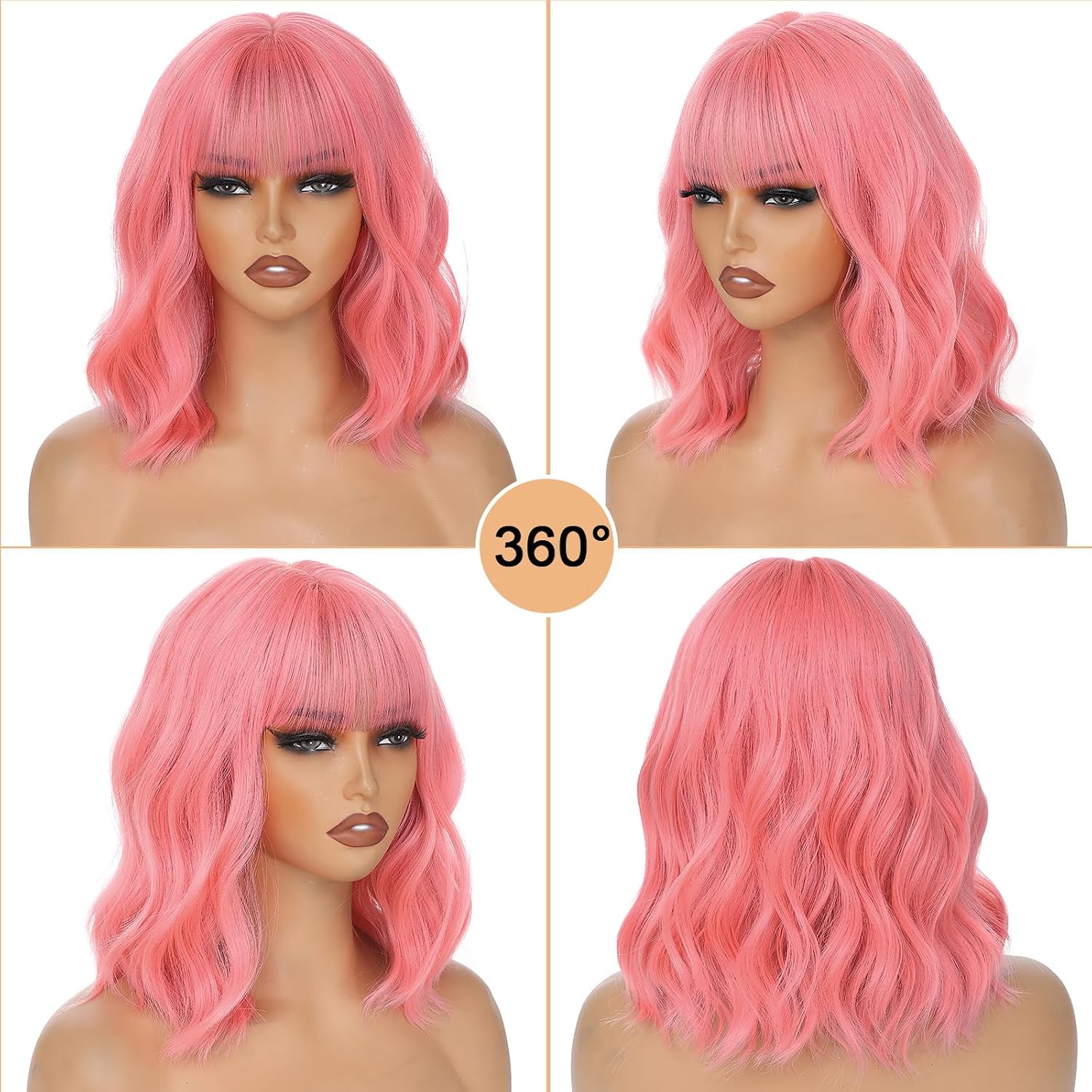 Pink Wigs Short Wavy Hair Pastel Bob Wig with Bangs Shoulder Length Synthetic