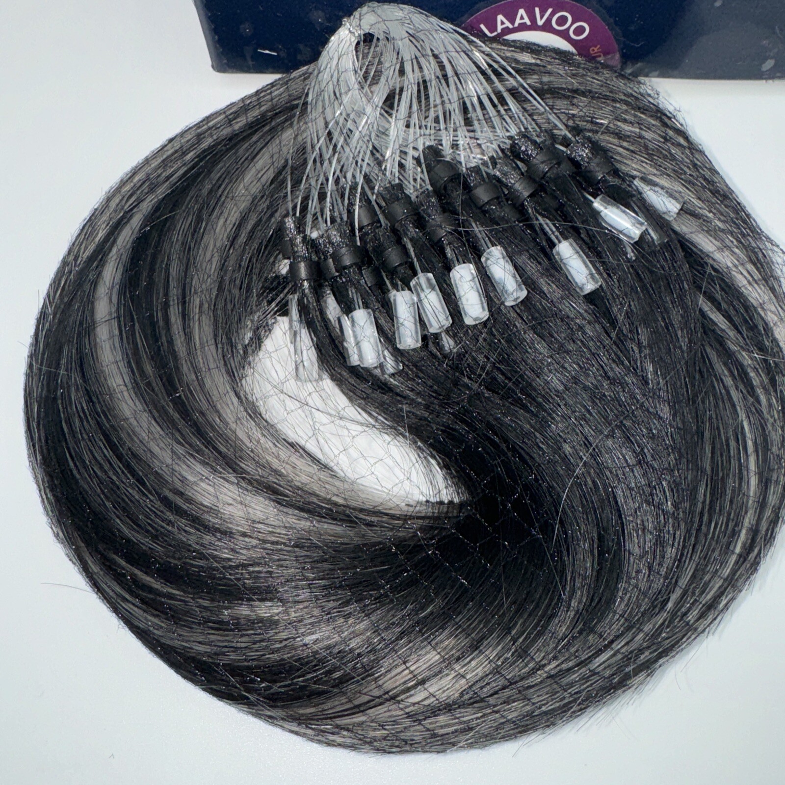 Laavoo Loop Hair Extensions Ombré Off Black Grey Silver Microbeads 50g/1g 22”